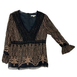NANETTE LEPORE Blouse 10 Brown Silk Floral Crochet Pom Pom Long-Flare-Slv Lined